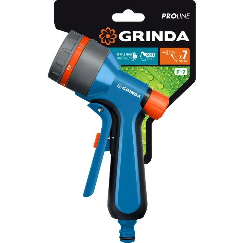 GRINDA F-7, 7 режимов, курок спереди, двухкомпонентный с регулятором напора, поливочный пистолет, PROLine (429120)
