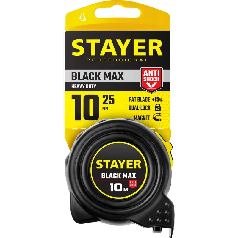 STAYER BlackMax, 10 м х 25 мм, рулетка с двумя фиксаторами, Professional (3410-010)