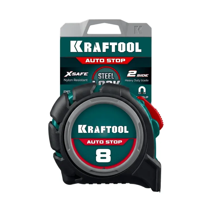 KRAFTOOL AutoStop 8м х 25мм, профессиональная рулетка с автостопом (3412-8-25)
