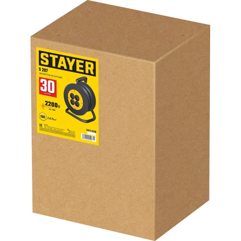 STAYER S-207, ПВС, 2 х 0.75 мм2, 30 м, 2200 Вт, удлинитель на катушке (55073-30)