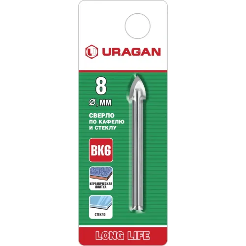 URAGAN 8 мм, 2х кромка, цилиндр хвостовик, Сверло по стеклу и кафелю (29830-08)