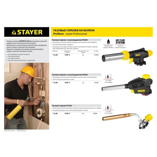STAYER ProTerm Turbo PG400, 1300°C, турбо нагрев + 30%, газовая горелка с пьезоподжигом на баллон с цанговым соединением(55582)