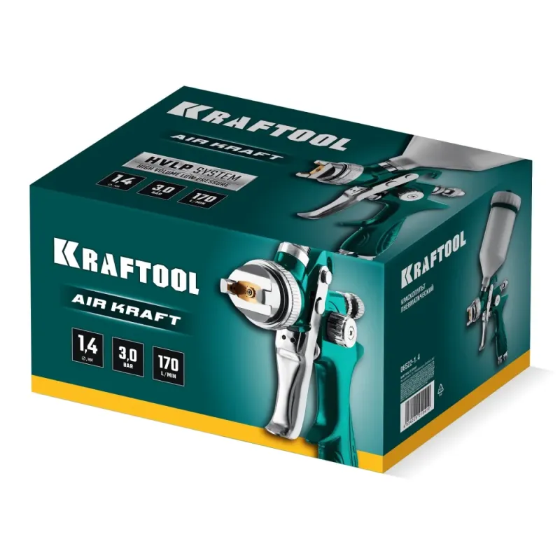 KRAFTOOL AirKraft, HVLP, 1.4 мм, пневматический краскопульт с верхним бачком (06522-1.4)