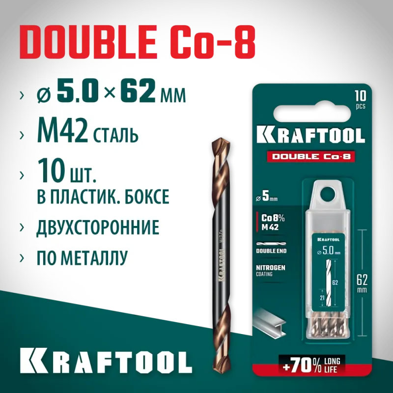 KRAFTOOL DOUBLE Сo-8 5х62мм, Сверло двухстороннее по металлу, сталь M42(+8%Co), класс А (29654-5.0-10)