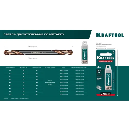 KRAFTOOL DOUBLE Сo-8 5х62мм, Сверло двухстороннее по металлу, сталь M42(+8%Co), класс А (29654-5.0-10)