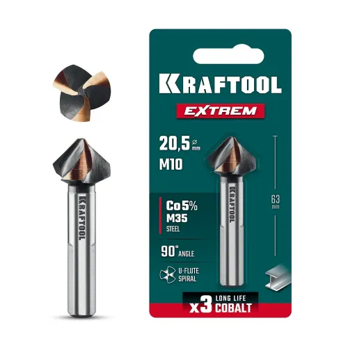 KRAFTOOL EXTREM, d 20.5х10х63 мм, Z3, 90°, сталь M35, U-образная спираль, зенковка (29734-10)