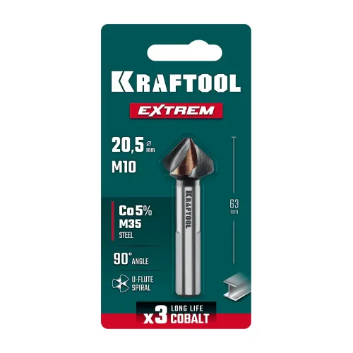 KRAFTOOL EXTREM, d 20.5х10х63 мм, Z3, 90°, сталь M35, U-образная спираль, зенковка (29734-10)