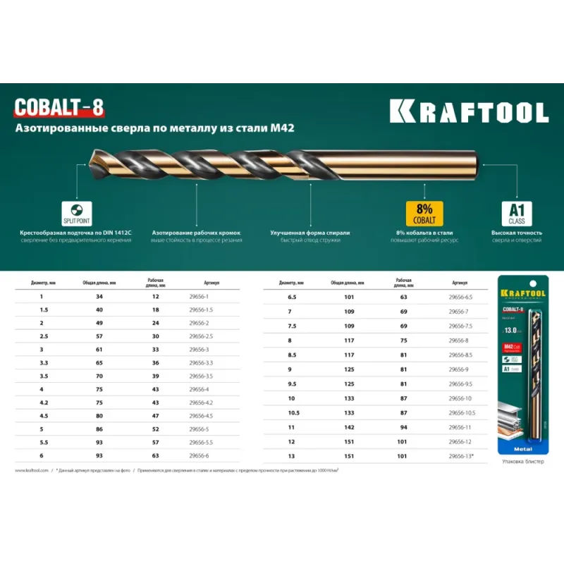 KRAFTOOL COBALT-8, 7.0 х 109 мм, сталь М42, HSS-Co(8%), сверло по металлу (29656-7)