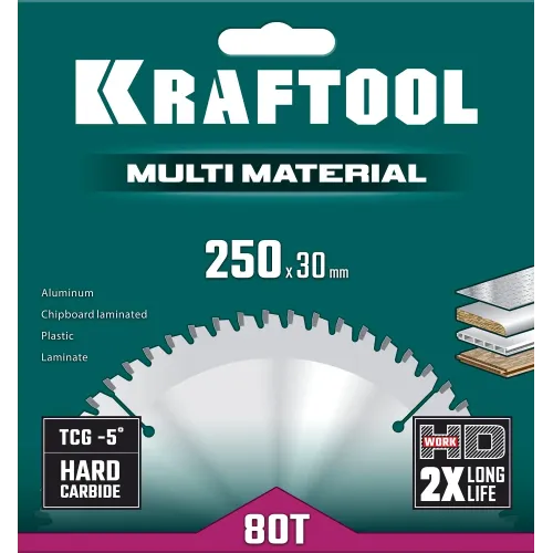 KRAFTOOL Multi Material, 250 х 30 мм, 80Т, пильный диск по алюминию (36953-250-30)