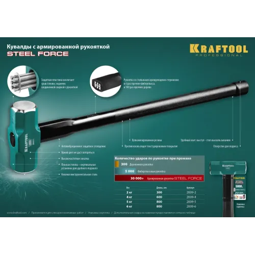KRAFTOOL Steel FORCE, 6 кг, кувалда со стальной удлинённой обрезиненной рукояткой (2009-6)