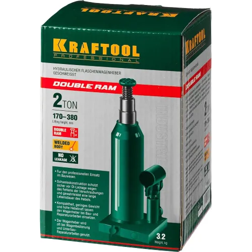 KRAFTOOL DOUBLE RAM, 2 т, 170 - 380 мм, с увеличенным подъемом, двухштоковый бутылочный домкрат (43463-2)