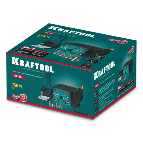KRAFTOOL KR-75, 2-в-1 100-480°С 750 Вт, Ремонтная паяльная станция (55340)
