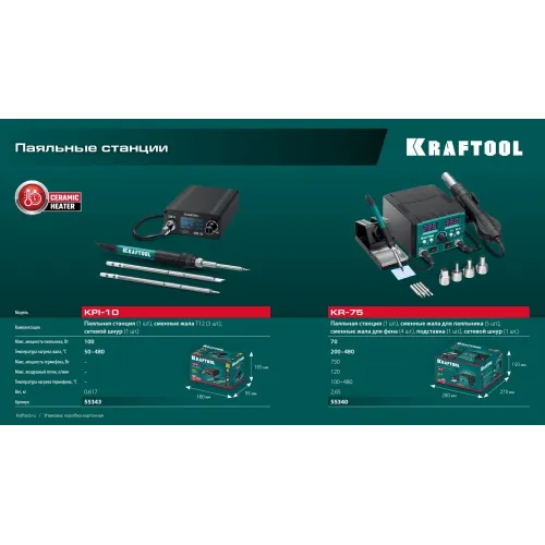 KRAFTOOL KR-75, 2-в-1 100-480°С 750 Вт, Ремонтная паяльная станция (55340)