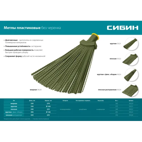 СИБИН 380 х 260 мм, полипропилен, коническое резьбовое соединение, плоская, гибкая, пластиковая метла (39222)
