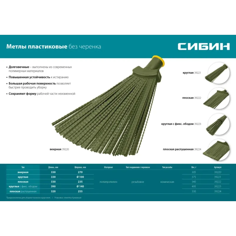 СИБИН 380 х 260 мм, полипропилен, коническое резьбовое соединение, плоская, гибкая, пластиковая метла (39222)