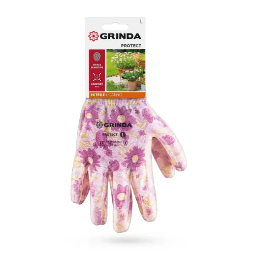 GRINDA PROTECT, L (9), садовые перчатки с прозрачным нитриловым покрытием, фиолетовые, 13 класс (11295-L)