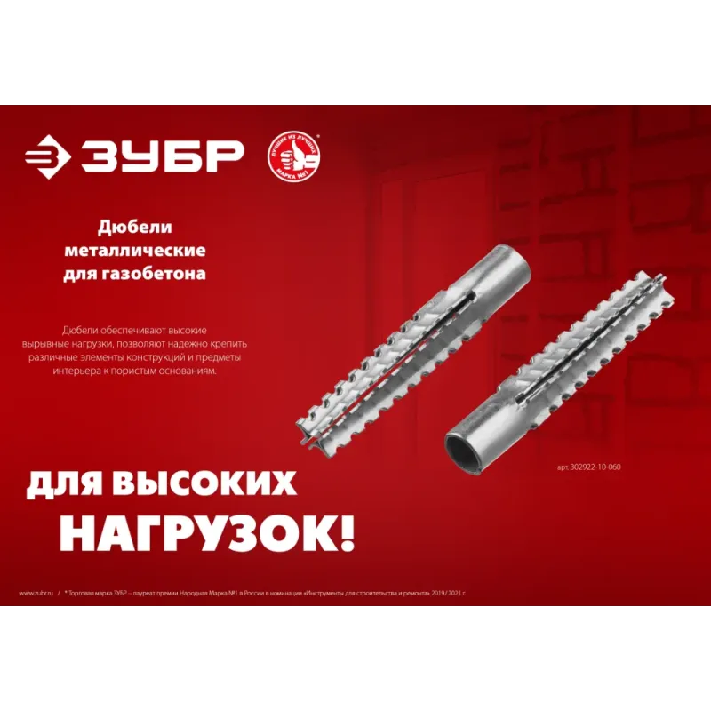 ЗУБР 10 х 60 мм, 80 шт, металлический дюбель для газобетона (302922-10-060)