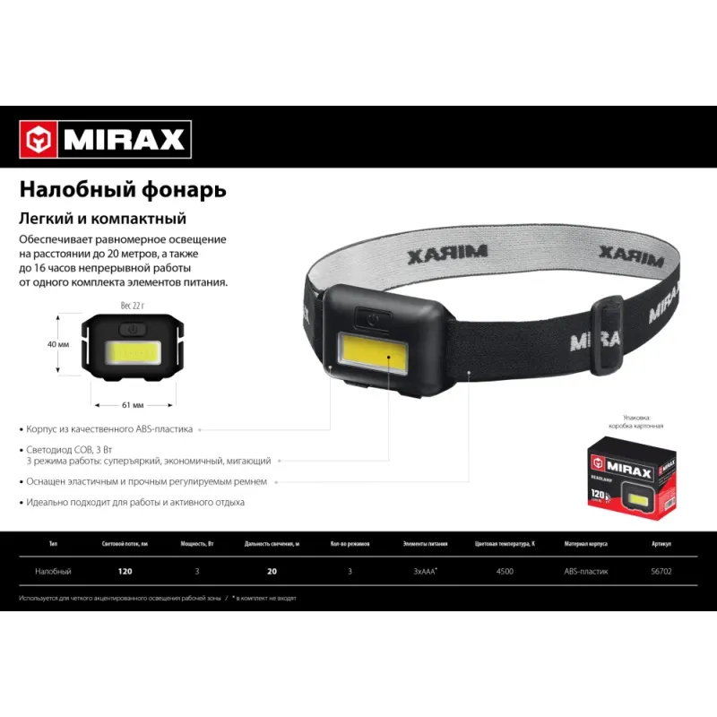 MIRAX 120 лм, 3 режима, налобный фонарь, 3ААА (56702)