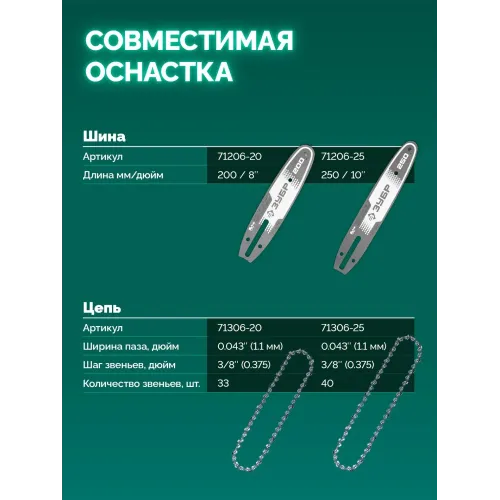 ЗУБР 20 В, 200 мм шина Тип 6, без АКБ (LMS), мини-пила цепная аккумуляторная (ПЦБ-2020)