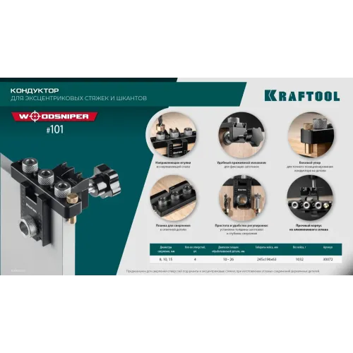 KRAFTOOL Woodsniper 101, ″3-в-1″ кондуктор для эксцентриковых стяжек и шкантов (30072)