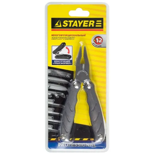 STAYER PROFESSIONAL, мультитул, 12 в 1, металлические ручки с пластиковыми вставками, нейлоновый чехол, 92 мм (22851)