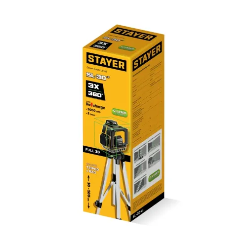 STAYER SL-3D #3, 50м, точн. +/-0,5 мм/м, зеленый лазерный нивелир, штатив (34963-3)