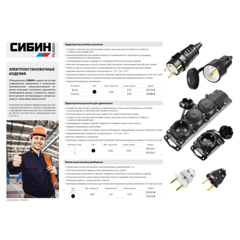 СИБИН черная, 220 В, IP44, прямая вилка (55115-B)