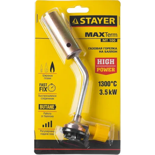 STAYER MaxTerm MT 100, 1300°C, увеличенный выход пламени, газовая горелка на баллон с цанговым соединением (55588)