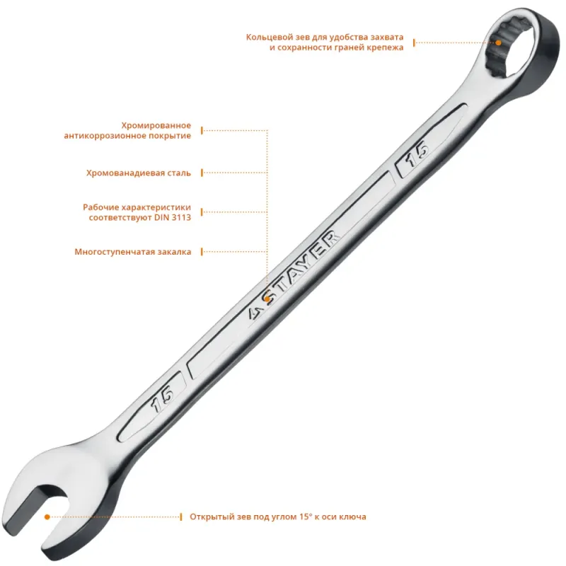 STAYER HERCULES, 15 мм, комбинированный гаечный ключ, Professional (27081-15)