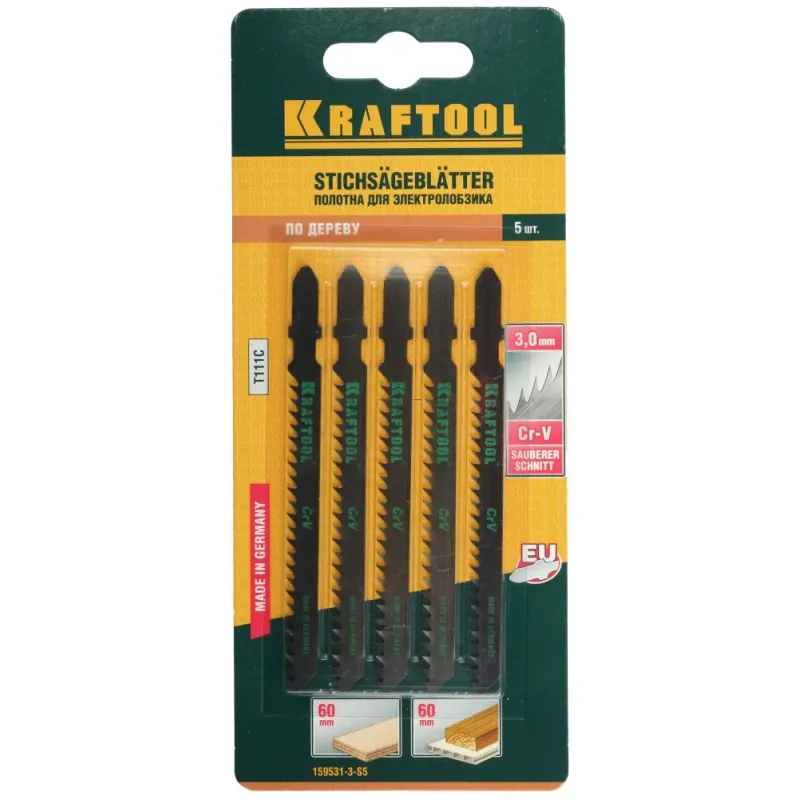 KRAFTOOL T111C, EU-хвост., по дереву, шаг 3 мм, 75 мм, 5 шт, полотна для лобзика (159531-3-S5)