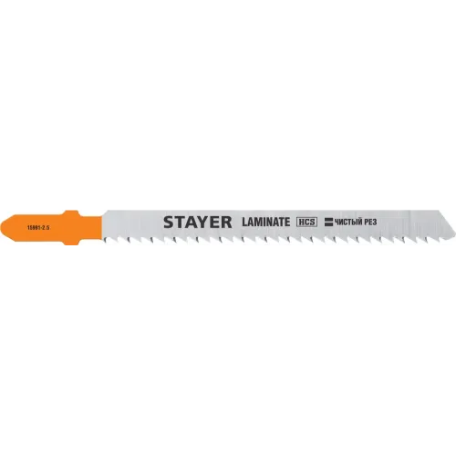 STAYER T101BR, 2 шт, 75 мм / 2.5 мм, T-хвост., HCS сталь, обратный рез по ламинату/фанере, полотна для лобзика, Professional (15991-2.5)
