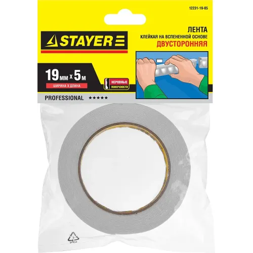 STAYER 19 мм, 5 м, белая, на вспененной основе, двухсторонняя клейкая лента, Professional (12231-19-05)