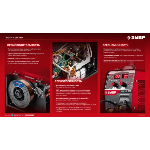 ЗУБР RED FORCE, MIG / MAG, FCAW, MMA, TIG, 160 А, полуавтомат сварочный, с газом / без газа, горелка ПСГ-180 (ПСГ-М5-160)