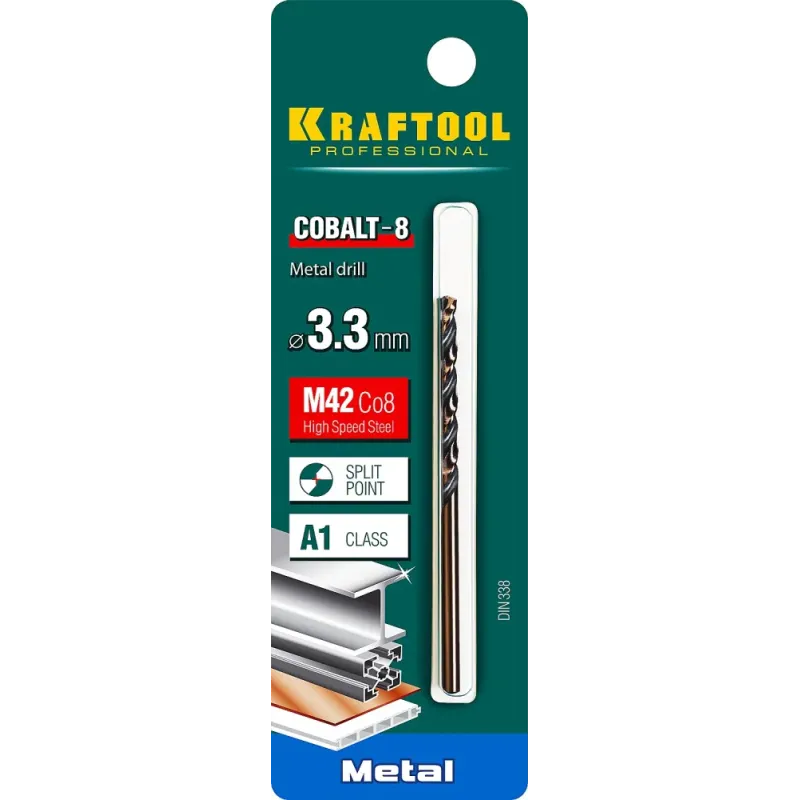 KRAFTOOL COBALT-8, 3.3 х 65 мм, сталь М42, HSS-Co(8%), сверло по металлу (29656-3.3)