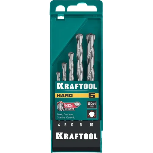 KRAFTOOL Hard, 5 шт: 4-5-6-8-10 мм, набор сверл по по твёрдым материалам (29177-H5)
