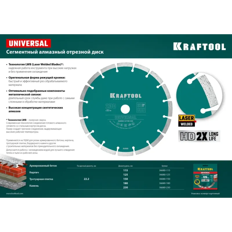 KRAFTOOL LASER-UNIVERSAL 150 мм (22.2 мм, 10х2.4мм), алмазный диск (36680-150)