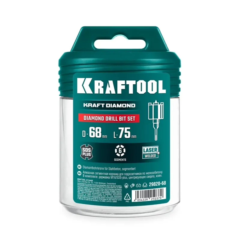 KRAFTOOL DIAMOND d 68 мм (сухое сверление с микроударом, глубина сверления 75 мм, лазерная сварка), Алмазная Коронка для подрозетников (29820-68)