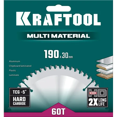 KRAFTOOL Multi Material, 190 х 30 мм, 60Т, пильный диск по алюминию (36953-190-30)