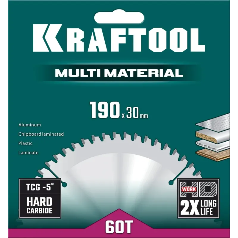KRAFTOOL Multi Material, 190 х 30 мм, 60Т, пильный диск по алюминию (36953-190-30)