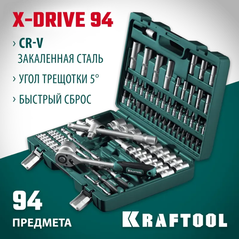 KRAFTOOL X-Drive 94, 94 предм., (1/2″+1/4″), универсальный набор инструмента (27883-H95)