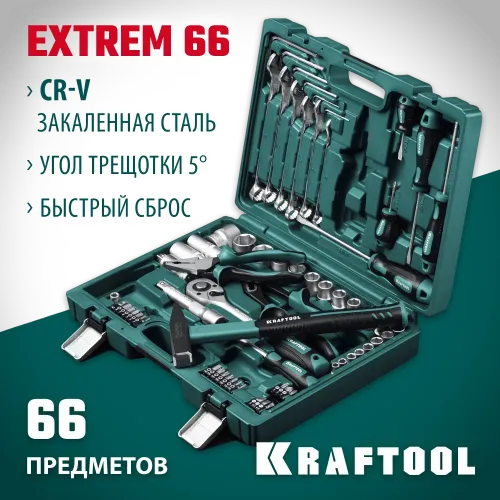 KRAFTOOL EXTREM-66, 66 предм., (1/2″+1/4″), универсальный набор инструмента (27976-H66)