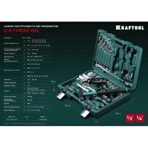 KRAFTOOL EXTREM-66, 66 предм., (1/2″+1/4″), универсальный набор инструмента (27976-H66)