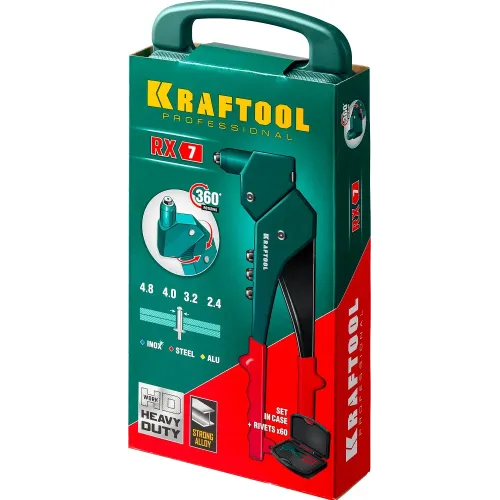 KRAFTOOL RX-7, 360°, 2.4 - 4.8 мм, 280 мм, литой поворотный заклепочник в кейсе (31176-H6)