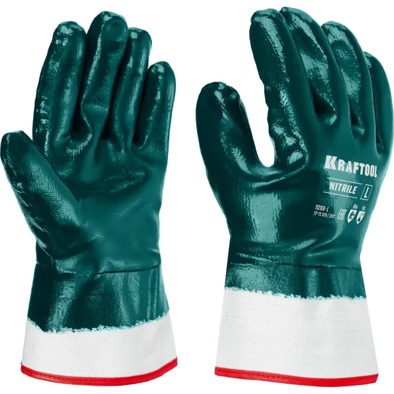 KRAFTOOL HYKRAFT Heavy Duty - особопрочные, L (9), с крагой, нитриловое покрытие, высокая защита от нефтепродуктов, перчатки (11288-L)