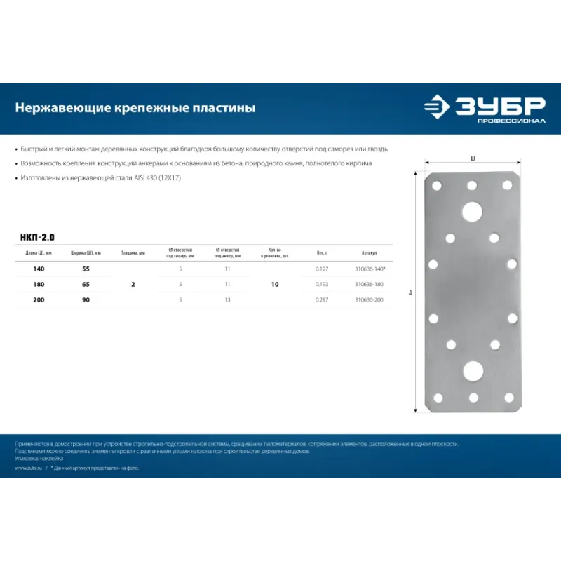 ЗУБР НКП-2.0, 180 x 65 x 2 мм, нержавеющая крепежная пластина, Профессионал (310636-180)