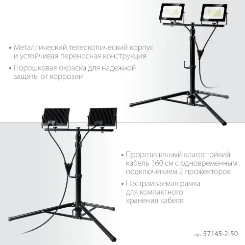 ЗУБР ПСК 50х2, 2 х 50 Вт, 6500 К, IP 65, 1.6 м, светодиодные прожекторы на штативе, Профессионал (57145-2-50)