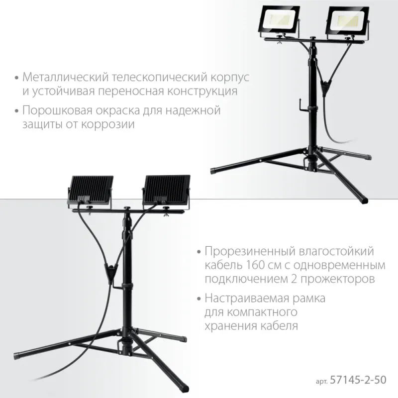 ЗУБР ПСК 50х2, 2 х 50 Вт, 6500 К, IP 65, 1.6 м, светодиодные прожекторы на штативе, Профессионал (57145-2-50)