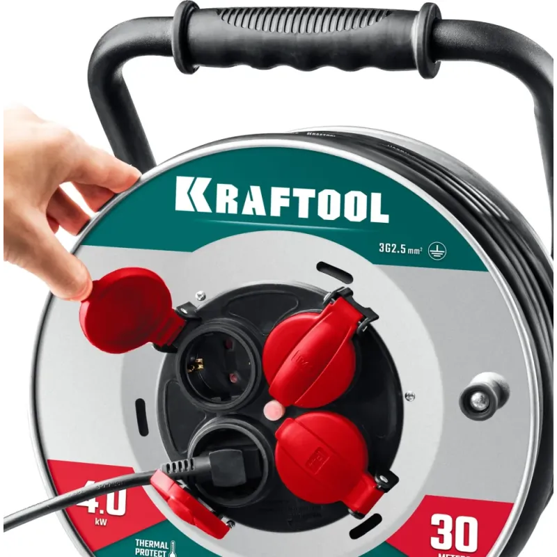KRAFTOOL HEAVY DUTY 4.0, КГ 3х2.5 30м 4000Вт IP44, силовой удлинитель на стальной катушке (55086-30)
