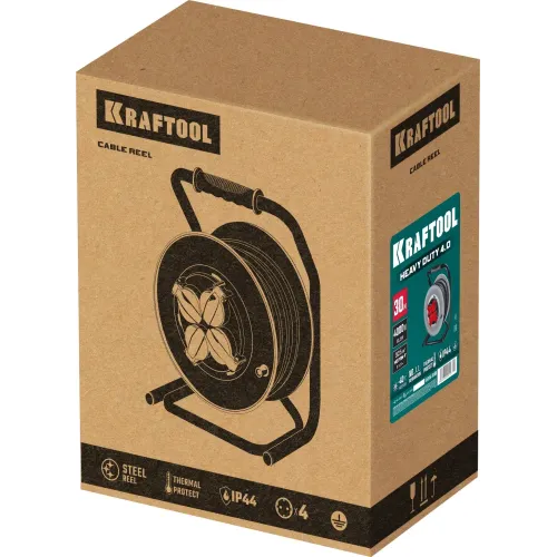 KRAFTOOL HEAVY DUTY 4.0, КГ 3х2.5 30м 4000Вт IP44, силовой удлинитель на стальной катушке (55086-30)