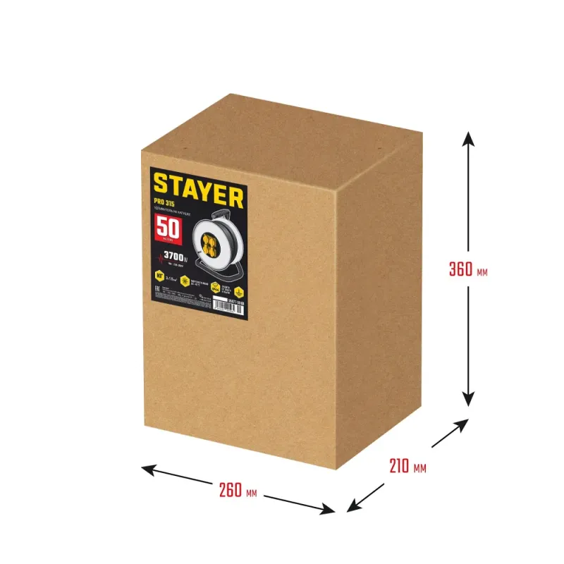 STAYER PRO-315, КГ, 3 x 1.5 мм2, 50 м, 3700 Вт, IP44, силовой удлинитель на стальной катушке (55077-50)